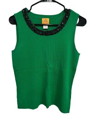 Ruby Rd. Large Green Sleeveless Knit Tank Top Bead Embellished Boho Minimalist